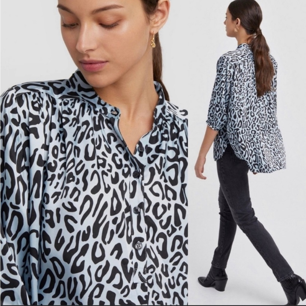 Rebecca Minkoff Sky Blue Fleur Top Womens Size Large Tunic Leopard Print NWT